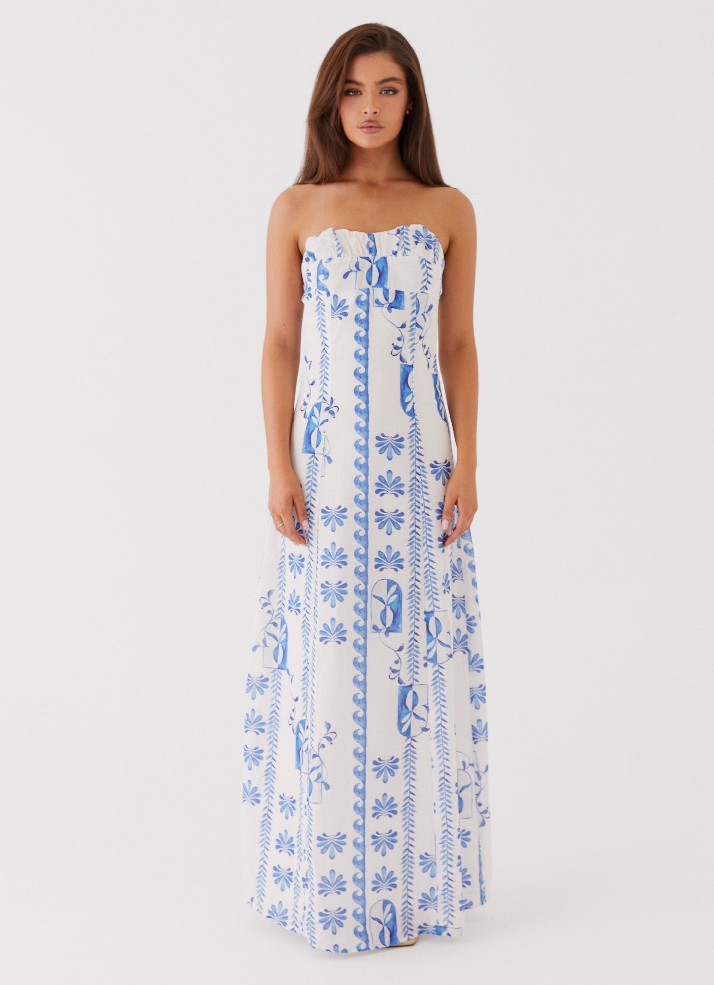Women's Floral Strapless Ruched A-Line Summer Maxi Dress