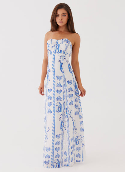 Women's Floral Strapless Ruched A-Line Summer Maxi Dress