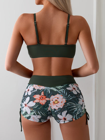 Dark green tie bikini set with ruched top and coral floral print shorts back view
