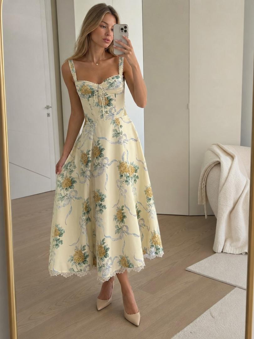 Women's Floral V-Neck Midi Dress Summer Wedding Guest