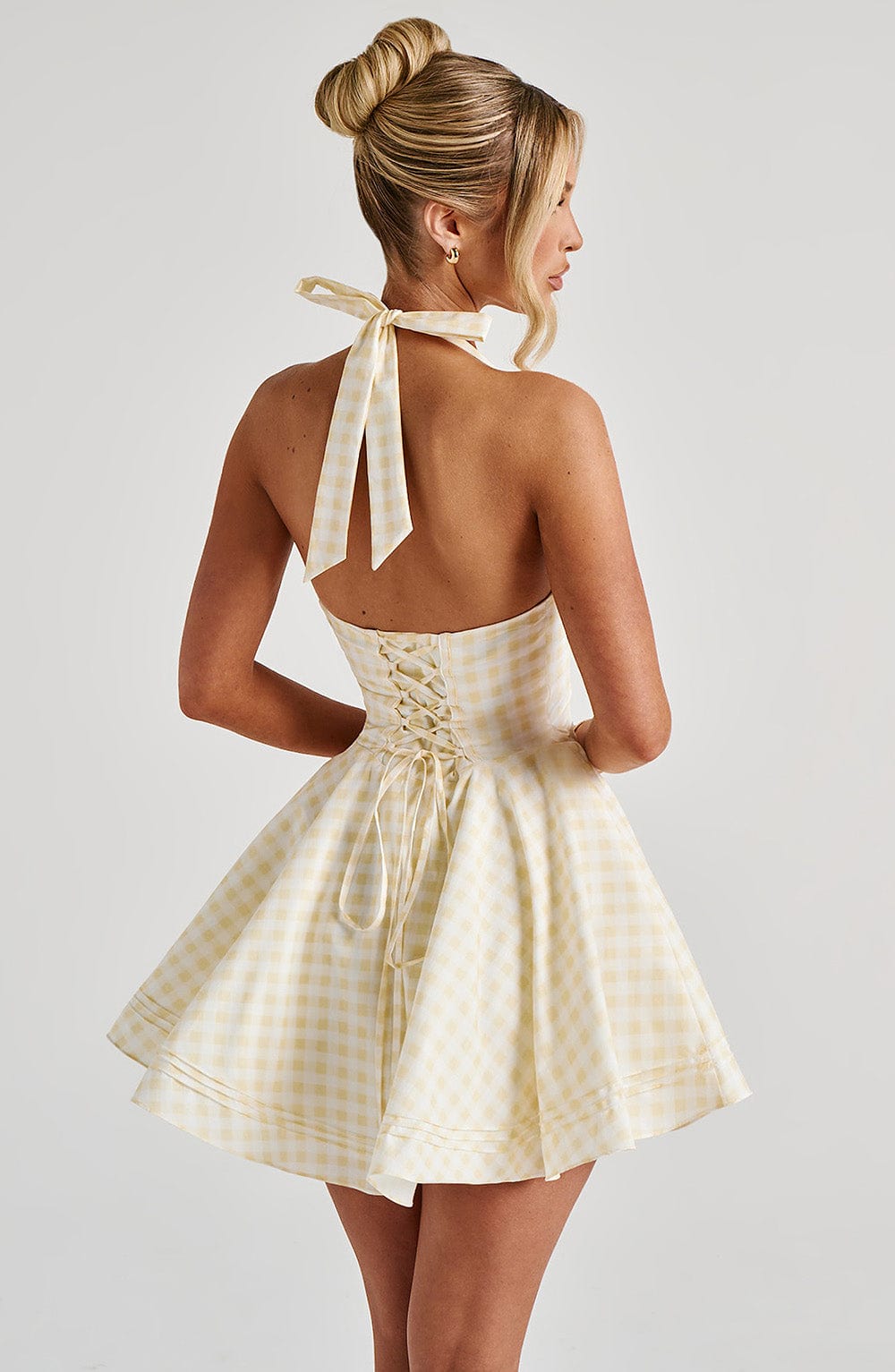 Women's Gingham Plunge Halter Summer Mini Dress