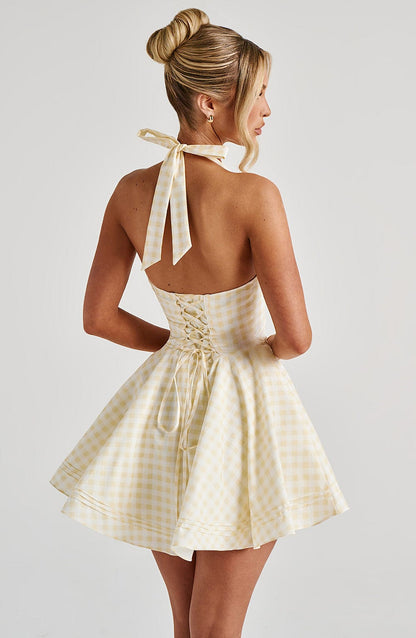 Women's Gingham Plunge Halter Summer Mini Dress