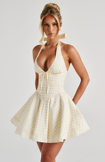Women's Gingham Plunge Halter Summer Mini Dress