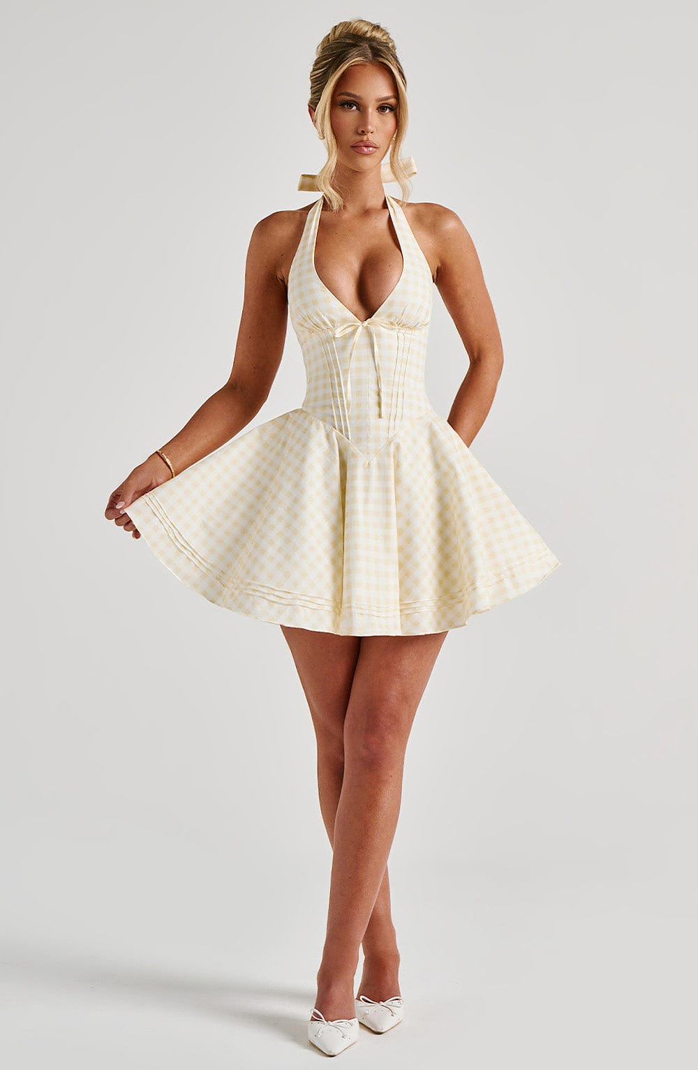 Women's Gingham Plunge Halter Summer Mini Dress