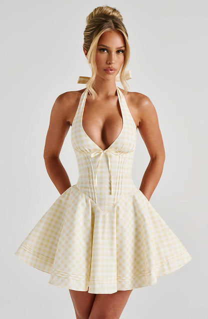 Women's Gingham Plunge Halter Summer Mini Dress