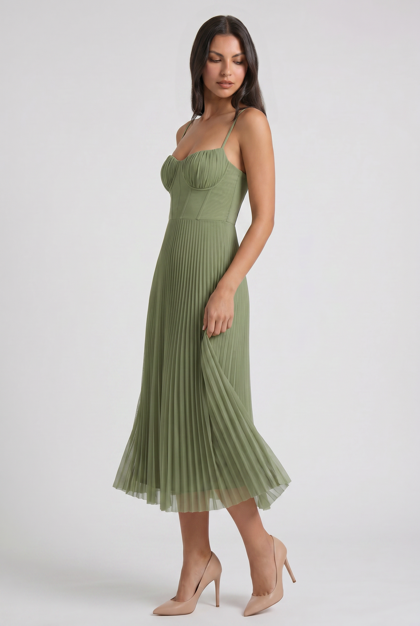 Women's Green Floral V-Neck Cocktail Midi Dress for Summer