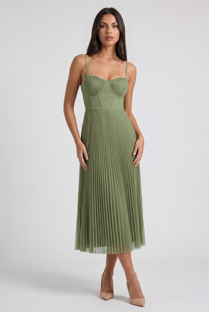Women's Green Floral V-Neck Cocktail Midi Dress for Summer