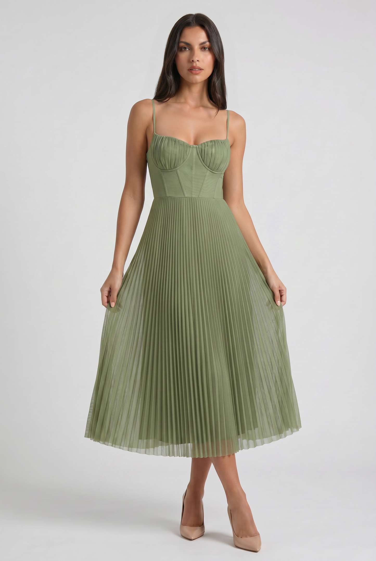 Women's Green Floral V-Neck Cocktail Midi Dress for Summer