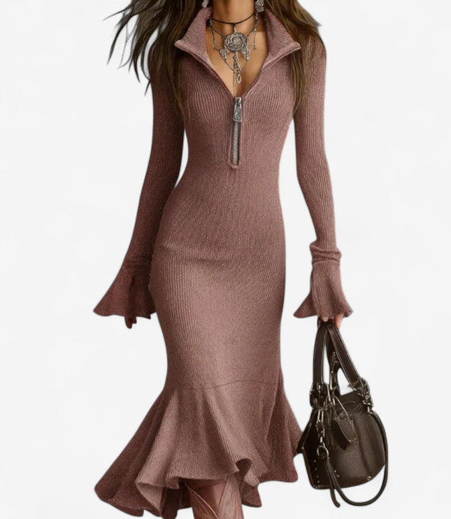 Women's Half Zip Mock Neck Bodycon Ribbed Knit Sweater Dress