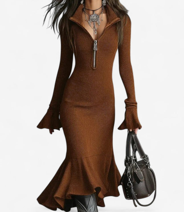 Women's Half Zip Mock Neck Bodycon Ribbed Knit Sweater Dress