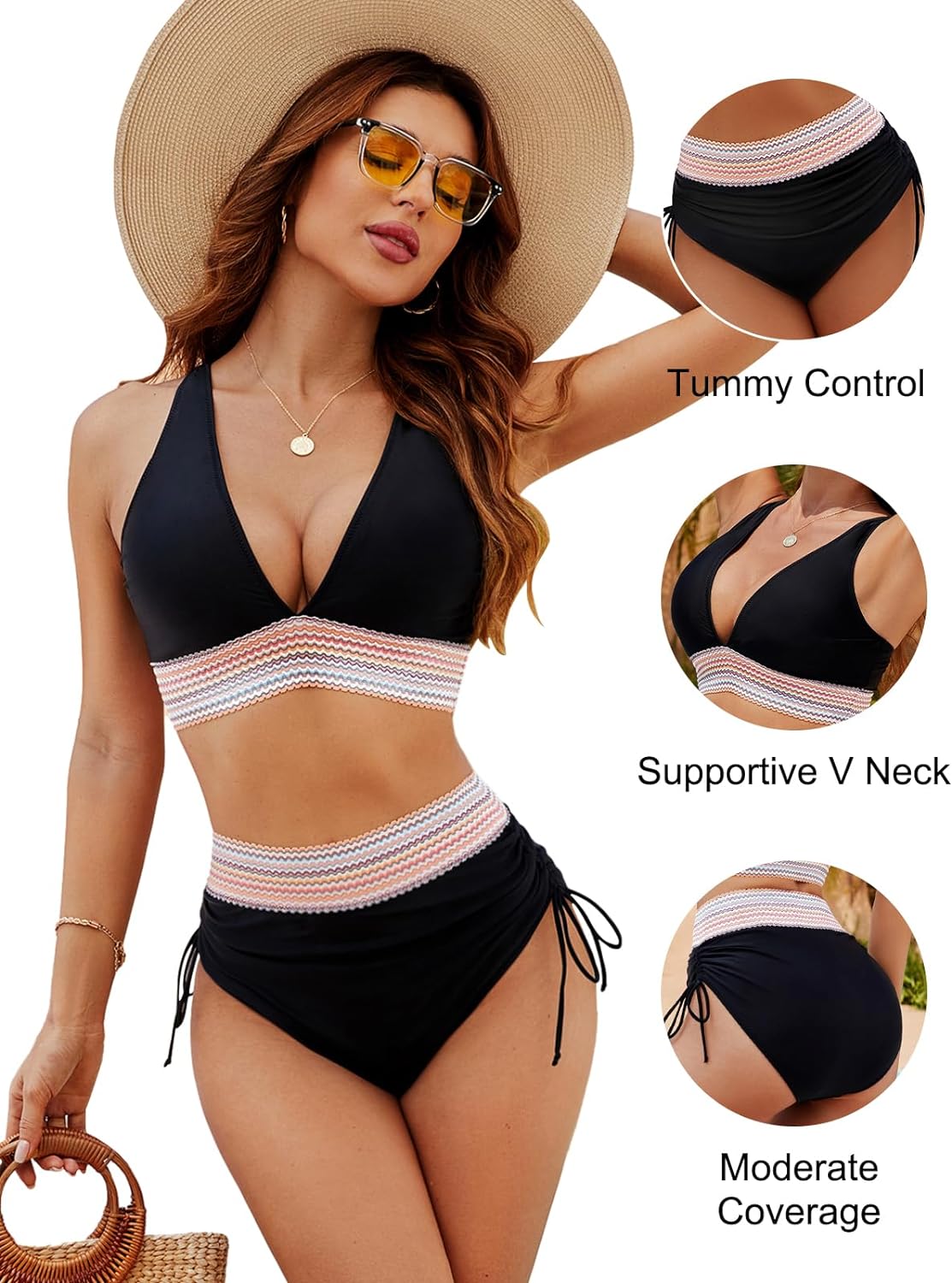 Navy halter bikini set with feature callouts showing control and supportive V-neckline