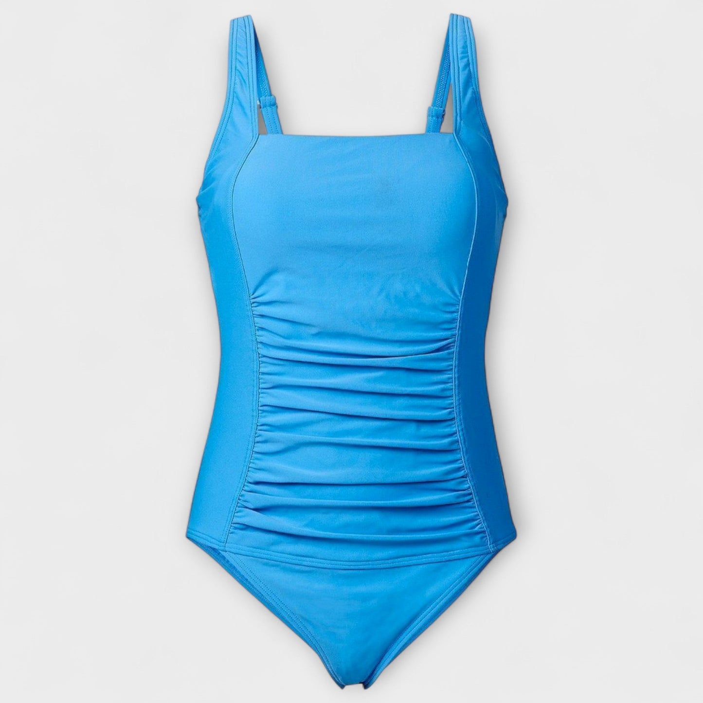 Blue one-piece swimsuit with square neckline and ruched details front view