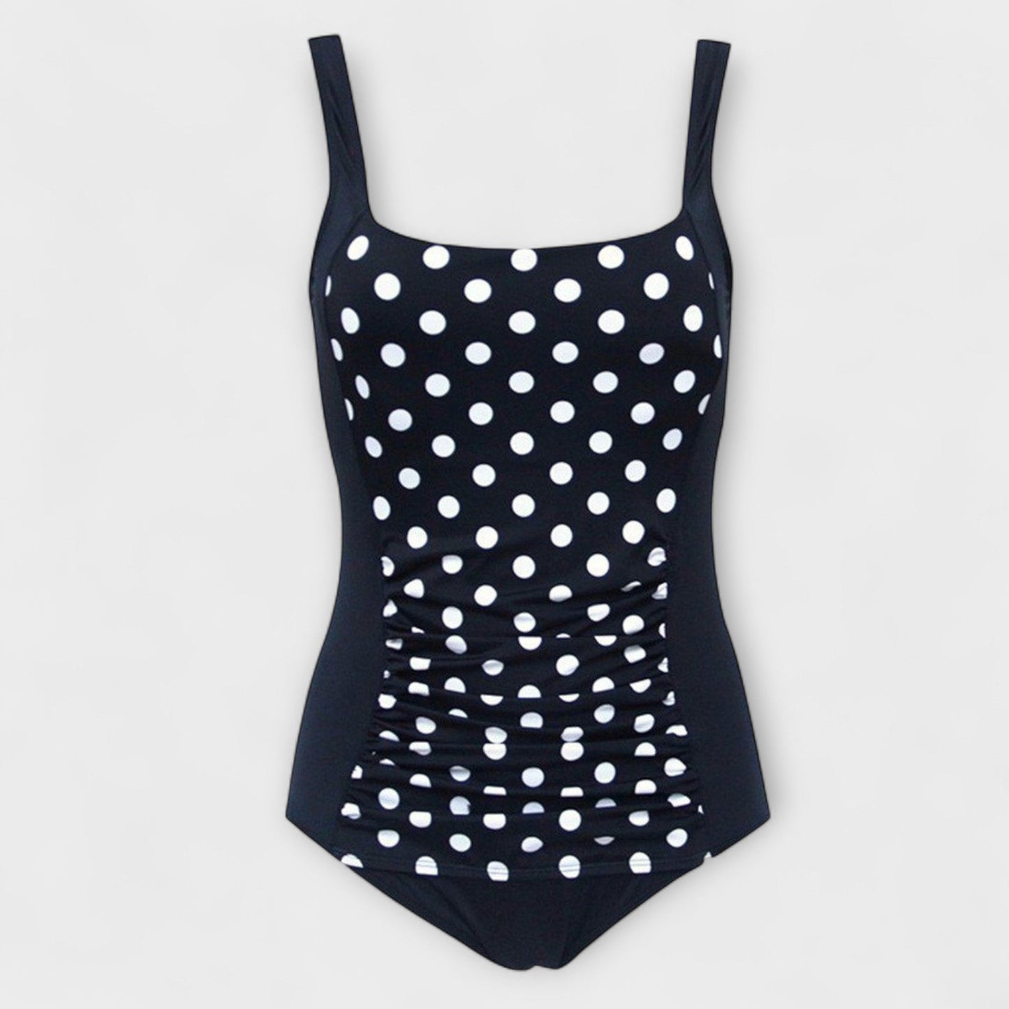 Black polka dot one-piece swimsuit with square neckline and ruching