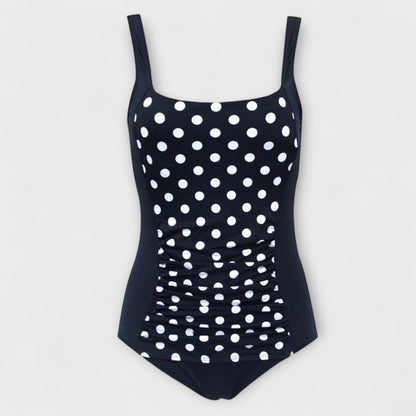 Black polka dot one-piece swimsuit with square neckline and ruching