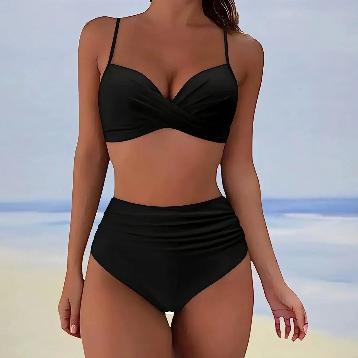 Black wrap bikini top with ruched high waist bottom set