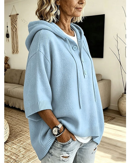 Women's Hooded Knit Sweater Oversized Button Placket
