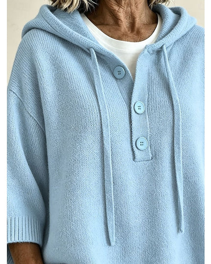 Women's Hooded Knit Sweater Oversized Button Placket