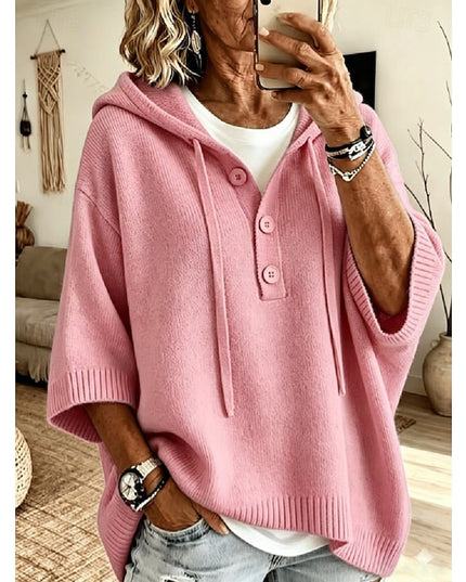 Women's Hooded Knit Sweater Oversized Button Placket