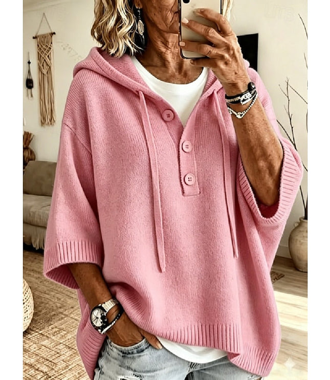 Women's Hooded Knit Sweater Oversized Button Placket