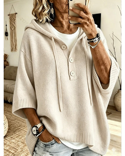 Women's Hooded Knit Sweater Oversized Button Placket