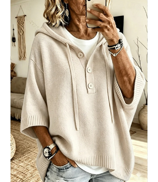 Women's Hooded Knit Sweater Oversized Button Placket