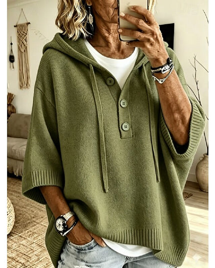 Women's Hooded Knit Sweater Oversized Button Placket