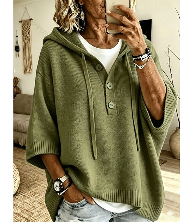 Women's Hooded Knit Sweater Oversized Button Placket