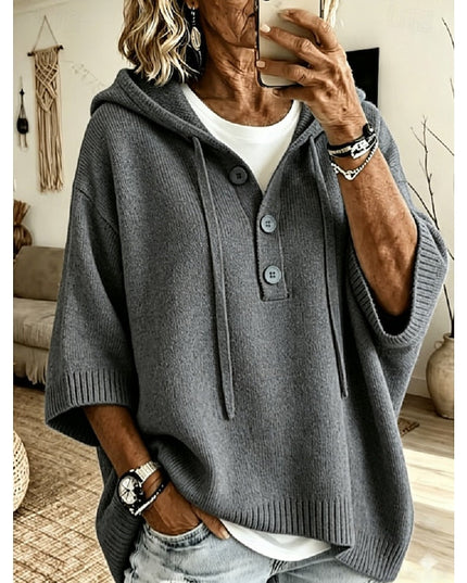 Women's Hooded Knit Sweater Oversized Button Placket