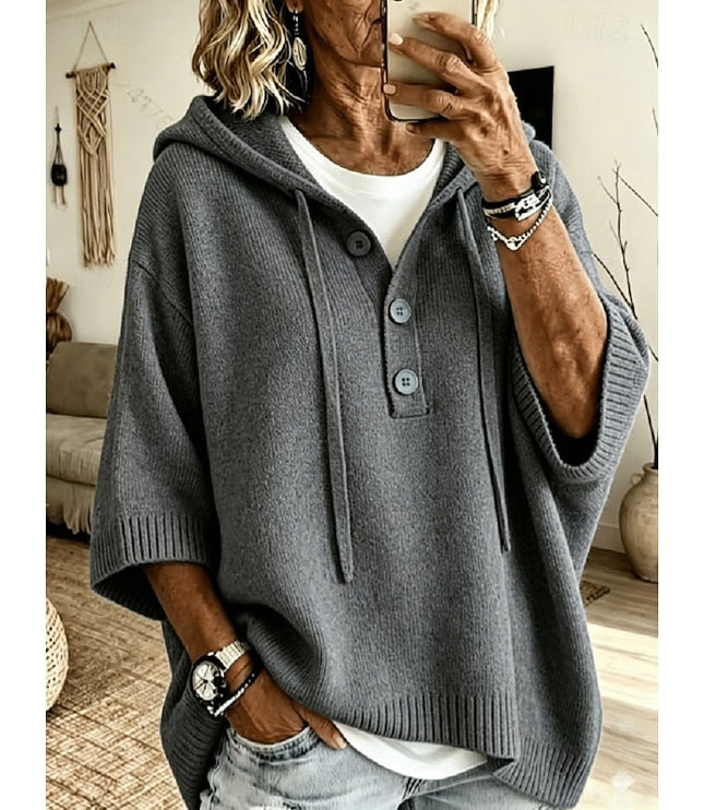 Women's Hooded Knit Sweater Oversized Button Placket