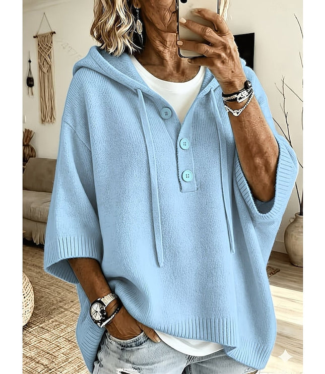 Women's Hooded Knit Sweater Oversized Button Placket