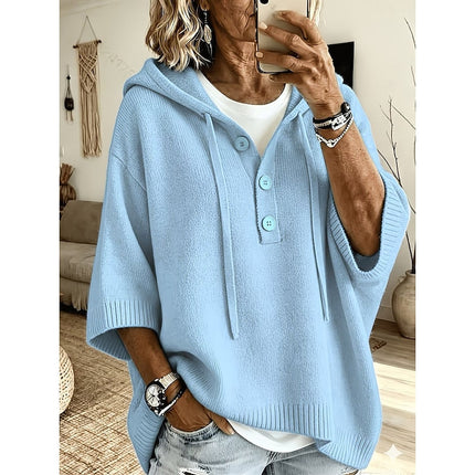 Women's Hooded Knit Sweater Oversized Button Placket