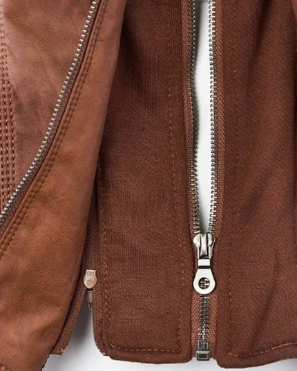 Women's Hooded Moto Jacket in Faux Leather with Zip Pockets