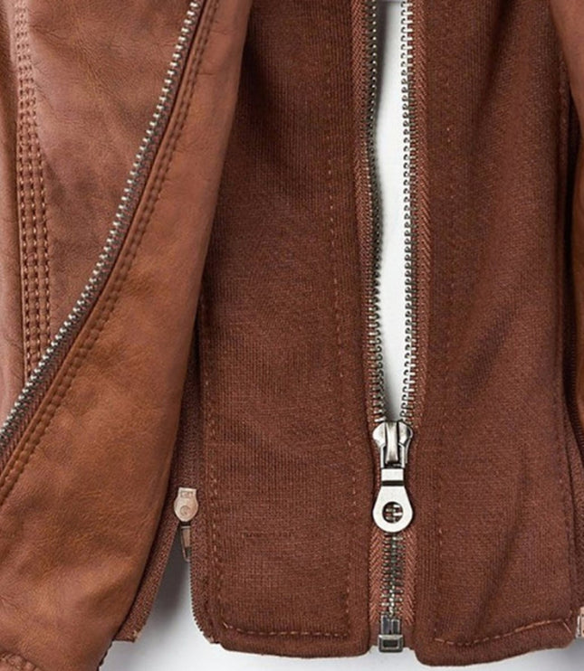 Women's Hooded Moto Jacket in Faux Leather with Zip Pockets