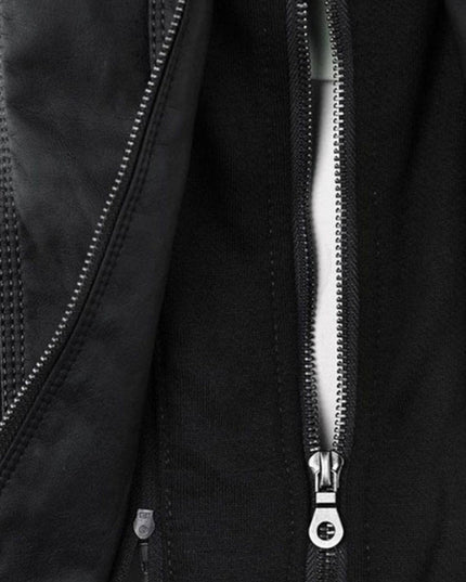 Women's Hooded Moto Jacket in Faux Leather with Zip Pockets