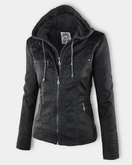 Women's Hooded Moto Jacket in Faux Leather with Zip Pockets