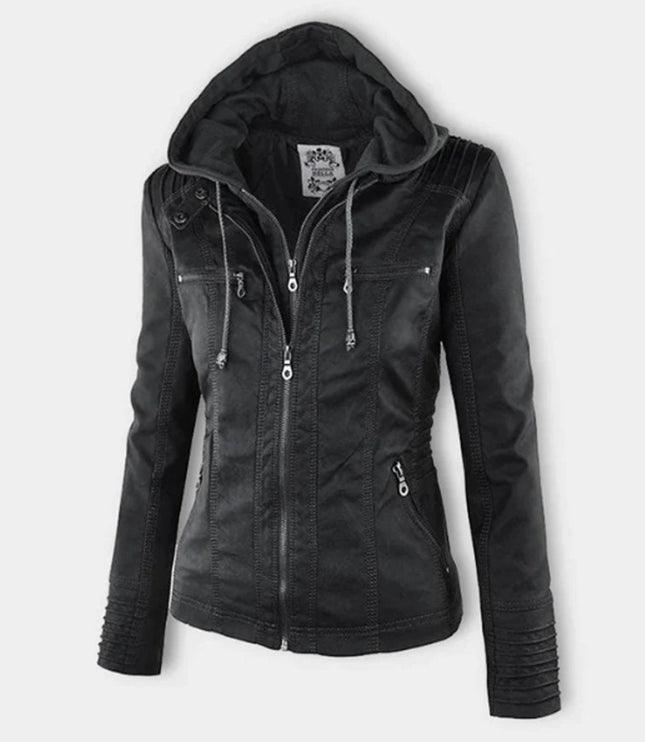 Women's Hooded Moto Jacket in Faux Leather with Zip Pockets