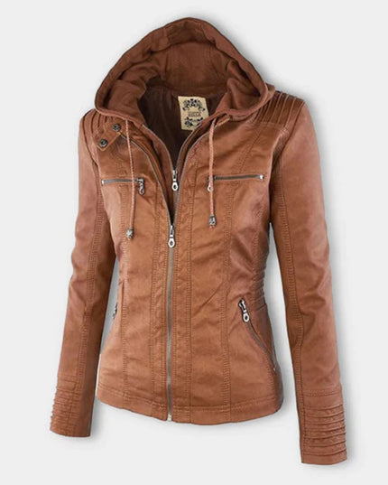 Women's Hooded Moto Jacket in Faux Leather with Zip Pockets