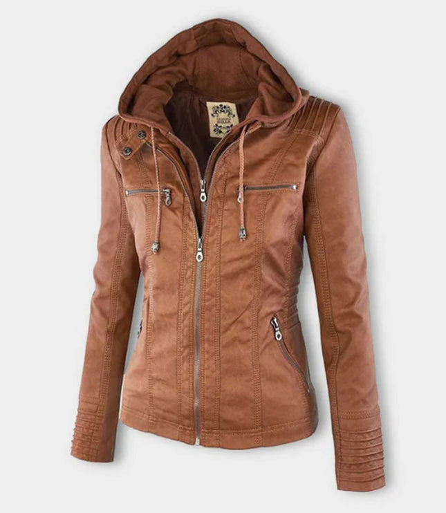 Women's Hooded Moto Jacket in Faux Leather with Zip Pockets