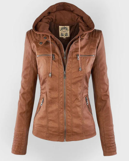 Women's Hooded Moto Jacket in Faux Leather with Zip Pockets