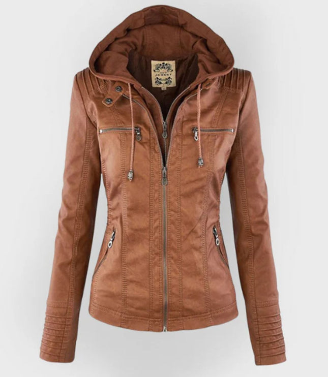 Women's Hooded Moto Jacket in Faux Leather with Zip Pockets