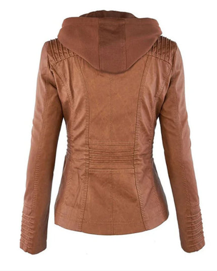 Women's Hooded Moto Jacket in Faux Leather with Zip Pockets