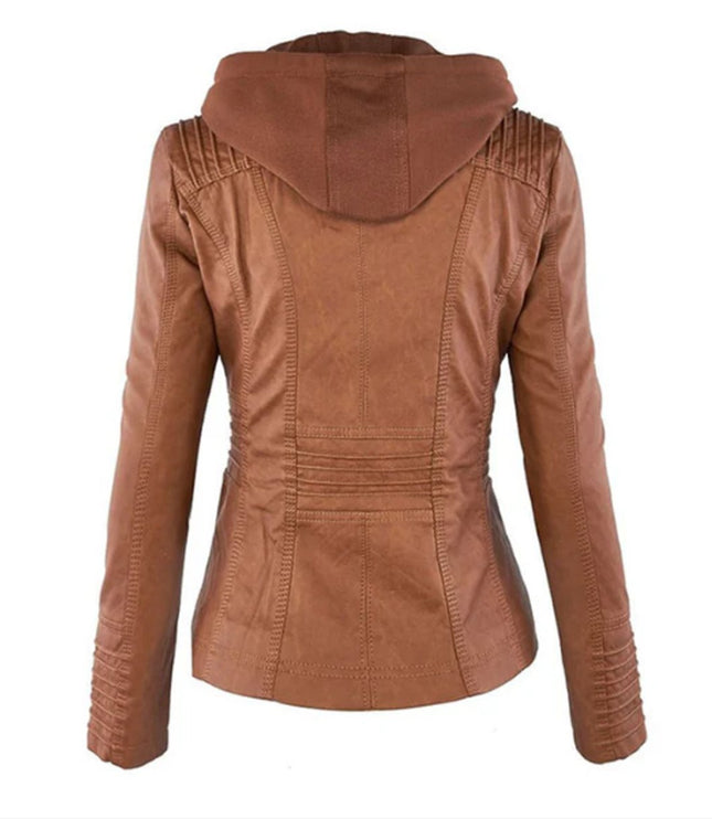 Women's Hooded Moto Jacket in Faux Leather with Zip Pockets