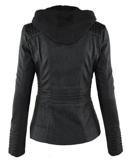 Women's Hooded Moto Jacket in Faux Leather with Zip Pockets