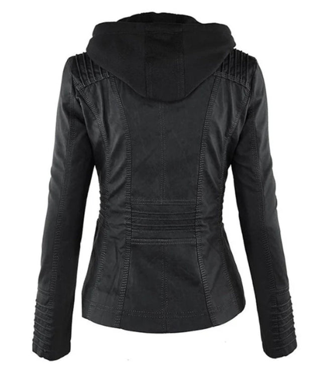 Women's Hooded Moto Jacket in Faux Leather with Zip Pockets