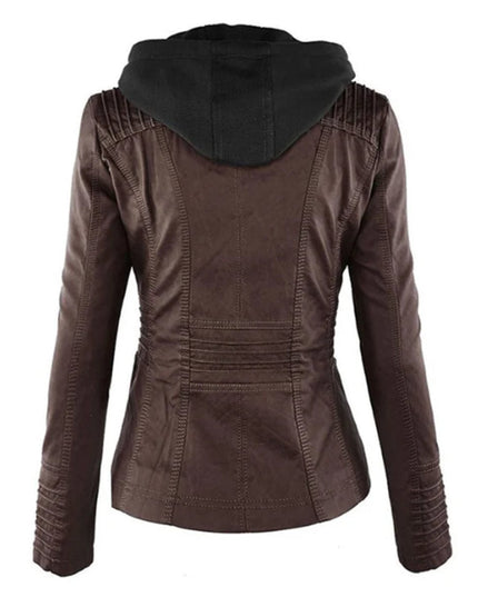 Women's Hooded Moto Jacket in Faux Leather with Zip Pockets