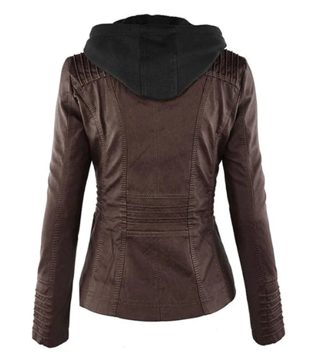 Women's Hooded Moto Jacket in Faux Leather with Zip Pockets