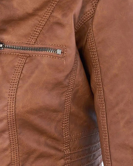 Women's Hooded Moto Jacket in Faux Leather with Zip Pockets