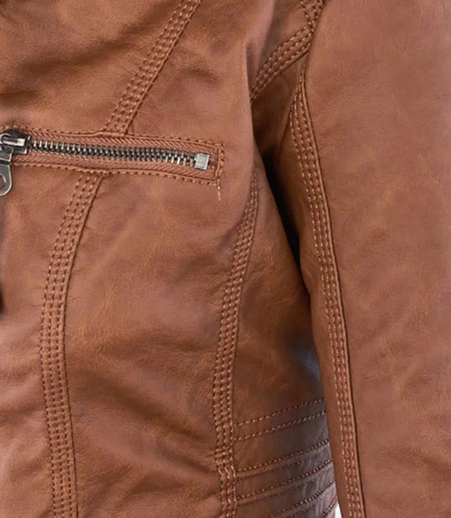 Women's Hooded Moto Jacket in Faux Leather with Zip Pockets