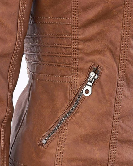 Women's Hooded Moto Jacket in Faux Leather with Zip Pockets