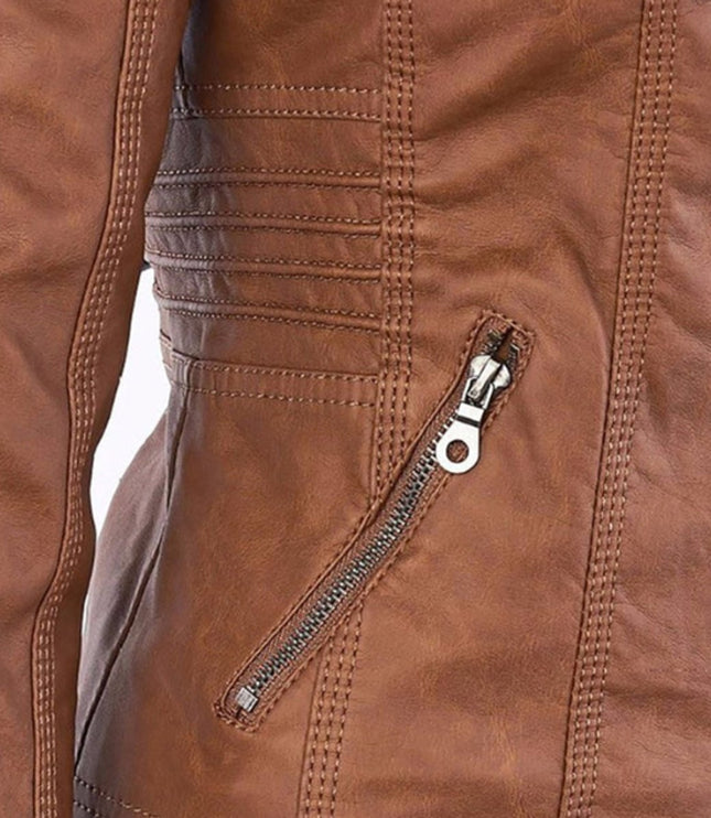 Women's Hooded Moto Jacket in Faux Leather with Zip Pockets